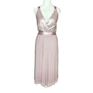 Little Mistress Sequin Wrap Midi Dress Pink Pleated Balletcore Strappy US 8 NWT